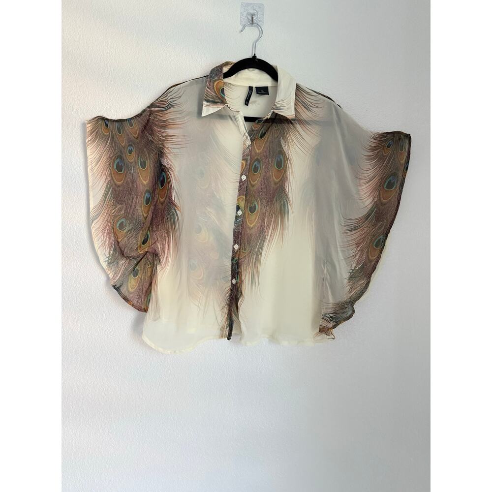 New Directions Petite Sheer Button-Up Blouse PXL Peacock Feather Print